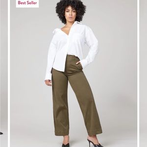 Spanx Stretch Twill Cropped Wide Leg Pants, Darkened Olive, Size M Tall